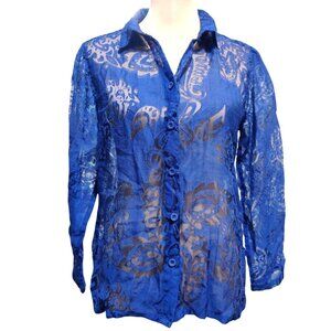 Salon Studio MP Petite Womens Blue Blouse Sheer Paisley Long Sleeve Button Top